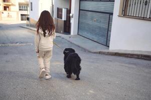 achterzijde visie van een kind meisje wandelen haar hond Aan riem Aan de stad straat foto