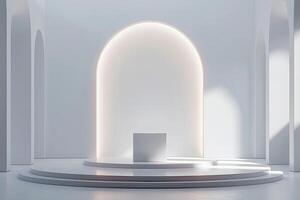 wit ronde podium in boog met verlichting modern ontwerp voor reclame en Product demonstratie foto