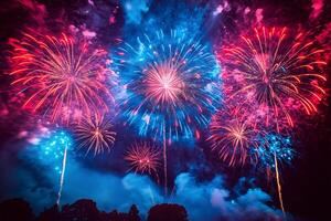 vuurwerk verhelderend de nacht lucht in levendig barst van kleur, vieren onafhankelijkheid dag aan de overkant de Verenigde staten foto