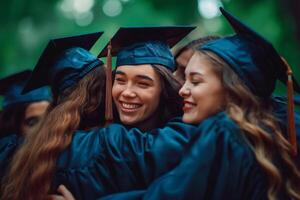 groep van afgestudeerden vieren samen, onderwijs en diploma uitreiking concept foto