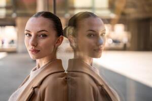 portret van jong mooi vrouw vervelend jas wandelen in de stad centrum van Praag, Europa. hoog kwaliteit foto