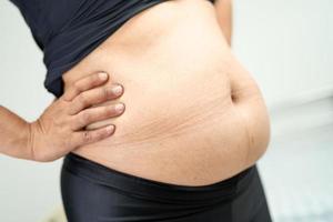 overgewicht aziatische vrouw toont dikke buik op kantoor. foto