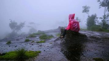 toerist met roze regenjas zittend uitzicht op het landschap natuurlijke mooie aanraking mist in phu hin rong kla nationaal park. reizen natuur, reizen ontspannen, reizen thailand, regenseizoen. foto