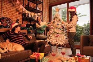 familie met hond en vrienden versieren samen vrolijk de witte kerstboom in de woonkamer van het huis, leuk en vrolijk bereid je voor op een feest voor de nieuwjaarsfeestvakantie. foto