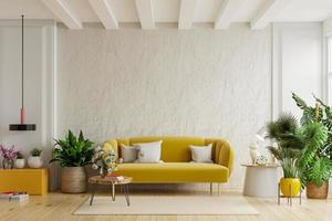witte muur woonkamer met gezellige luxe gele bank.