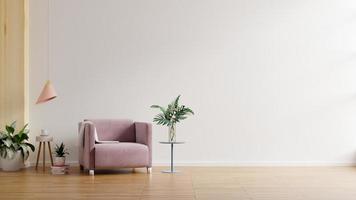 modern minimalistisch interieur met een fauteuil op lege witte muur achtergrond. foto