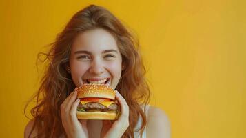 een vrouw eet een Hamburger, ongezond voedsel, geïsoleerd achtergrond foto