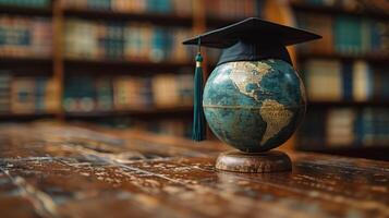 diploma uitreiking pet Aan wereldbol in bibliotheek foto