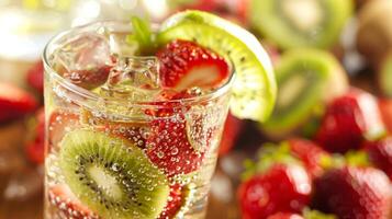 verfrissend glas van water met fruit plakjes foto