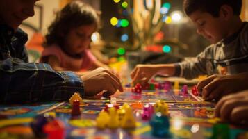 een familie is verdiept in een levendig bord spel, de focus Aan de kleurrijk stukken en spelers handen Aan de tafel. foto