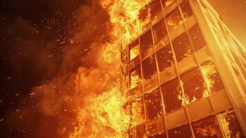 vlammen met geweld consumeren een wolkenkrabbers facade net zo brand barst uit van meerdere vloeren, verhelderend de avond lucht. foto