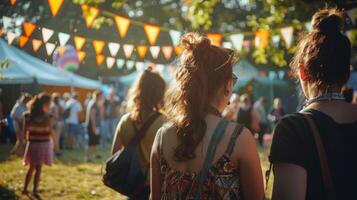 een verschillend groep van individuen staand in een cirkel in de omgeving van een rood tent in een met gras begroeid veld, verloofd in gesprek en buitenshuis activiteiten. foto