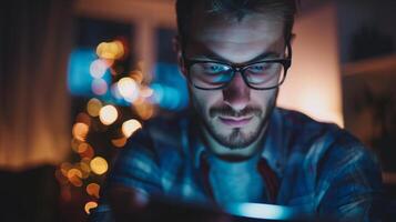 een Mens met bril is staand in voorkant van een Kerstmis boom, scherpstellen Aan zijn telefoon scherm in een kamer gevulde met vakantie decoraties. foto