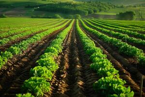 weelderig groen groente boerderij rijen met rollend heuvels landschap foto