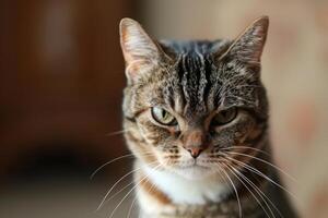 dichtbij omhoog portret van boos gestreept kat intens staren met geel ogen foto