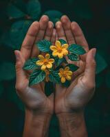 handen Holding delicaat geel bloemen met groen bladeren, vertegenwoordigen natuur, schoonheid, en groei foto