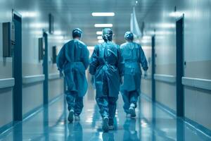 chirurgisch team wandelen in ziekenhuis hal, medisch professionals in schrobben, gezondheidszorg arbeiders, noodgeval paraatheid foto