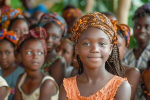 glimlachen Afrikaanse meisje met vlechtjes en hoofddoek. portret van hoop en onderwijs in Afrika foto