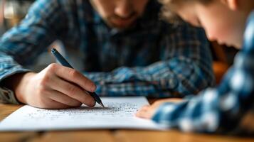 vader en zoon schrijven samen, bonding over- gedeeld werkzaamheid en genieten van kwaliteit tijd. concept van familie, opleiding, en kinderjaren ontwikkeling. foto