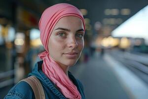 portret van jong vrouw met kanker vervelend roze hoofddoek Bij trein station foto