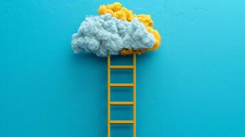 geel ladder leidend naar blauw en oranje wolk Aan blauw achtergrond. concept van prestatie, groei, en aspiratie. foto