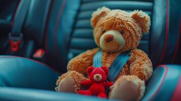 teddy beer en speelgoed- reizen veilig in auto stoel met gordel Aan weg reis foto