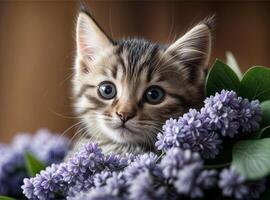 schattig weinig gestreept katje met lila bloemen Aan donker achtergrond foto