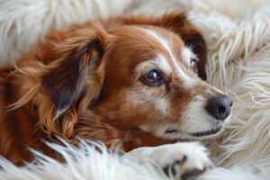 de grens collie ras leugens Aan een pluizig tapijt, sprei. de hond is resting foto