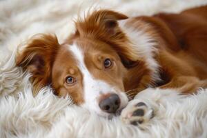 de grens collie ras leugens Aan een pluizig tapijt, sprei. de hond is resting foto