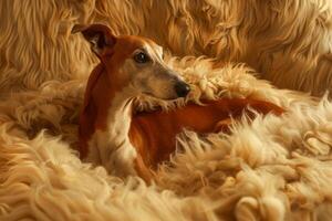 een whippet hond leugens Aan een pluizig licht tapijt in een helder kamer. warm verlichting foto