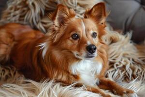 de grens collie ras leugens Aan een pluizig tapijt, sprei. de hond is resting foto