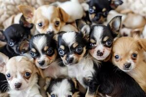 een bundel van chihuahua puppy's in een zacht pluizig deken. schattig honden dichtbij naar elk andere foto