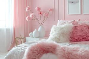 een jong meisjes slaapkamer met een zacht roze vacht deken Aan een wit bed kader, decoratief kussens en een zonnig sfeer. foto
