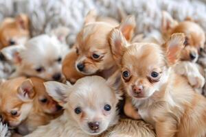 een bundel van licht gekleurd chihuahua puppy's in een zacht pluizig deken. schattig honden dichtbij naar elk andere foto