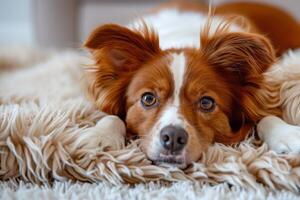 de grens collie ras leugens Aan een pluizig tapijt, sprei. de hond is resting foto