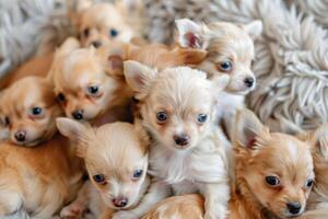 een bundel van licht gekleurd chihuahua puppy's in een zacht pluizig deken. schattig honden dichtbij naar elk andere foto