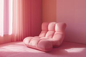 een roze stoel in een roze knus kamer zonder mensen. zonneschijn foto