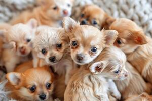 een bundel van licht gekleurd chihuahua puppy's in een zacht pluizig deken. schattig honden dichtbij naar elk andere foto