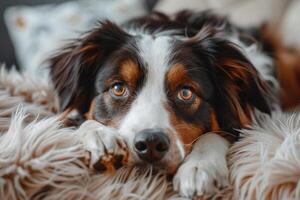 een zwart grens collie ras leugens Aan een pluizig tapijt of sprei. de hond is resting foto