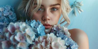 vrouw model- poseren met blauw hortensia bloemen mode portret, ai foto