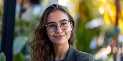 jong zelfverzekerd spaans latino bedrijf vrouw glimlachen in zakelijke achtergrond met kopiëren ruimte. succes, carrière, leiderschap, professioneel, verscheidenheid in een werkplaats concept foto