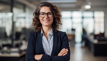 jong zelfverzekerd spaans latino bedrijf vrouw glimlachen in zakelijke achtergrond met kopiëren ruimte. succes, carrière, leiderschap, professioneel, verscheidenheid in een werkplaats concept foto