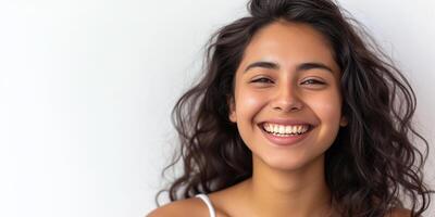 jong spaans latino vrouw met donker brunette gekruld haar- glimlachen met kopiëren ruimte. geluk, wit tanden, glad huid toon, natuurlijk schoonheid, blij positief concept foto