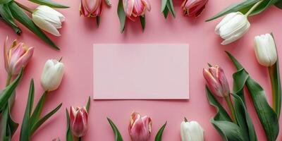 roze tulp kaart mockup flatlay ontwerp, ai foto