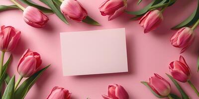 roze tulp kaart mockup flatlay ontwerp, ai foto