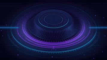 digitaal futuristische neon cirkel licht Aan donker achtergrond, ai foto