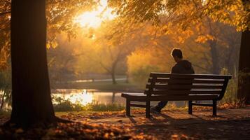 bank in de park zonsondergang herfst, ai foto