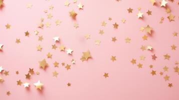 goud ster confetti Aan een roze achtergrond met ruimte voor tekst. banier, poster, ai foto