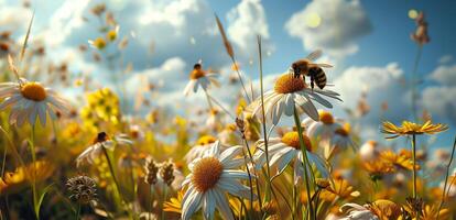 vliegend honing bij verzamelen stuifmeel Bij madeliefje bloem. dichtbij omhoog van honing bij insect in zomer foto