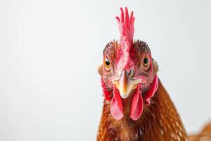 dichtbij omhoog van bruin kip hoofd geïsoleerd wit achtergrond, grappig boerderij dier portret met kopiëren ruimte foto